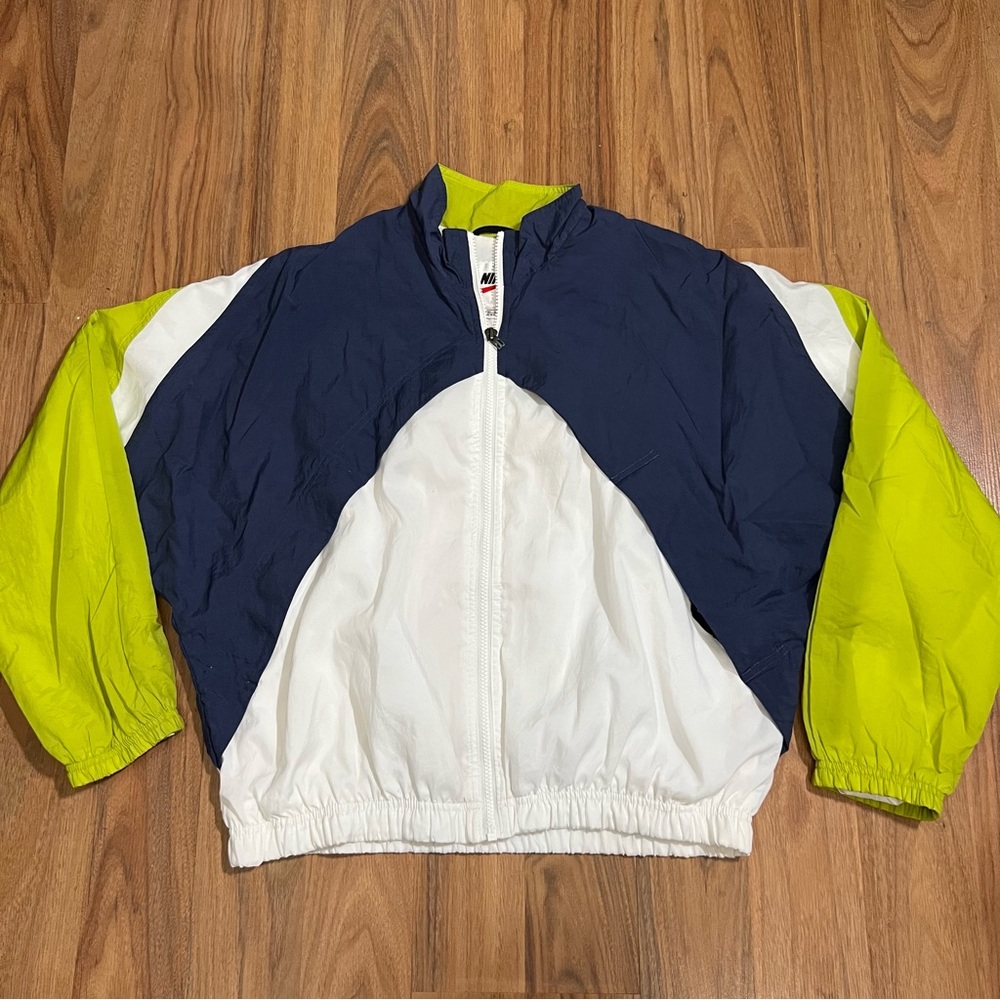 Vintage 90s Nike Windbreaker Jacket Womens Large Full Zip Blue Green & White Ret